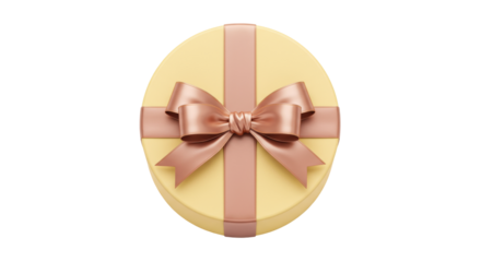 Oval yellow gift box with pink ribbon and bow isolated, present for birthday or special occasion PNG