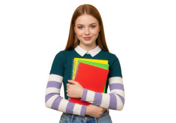 Smiling student girl holding books isolated on transparent background