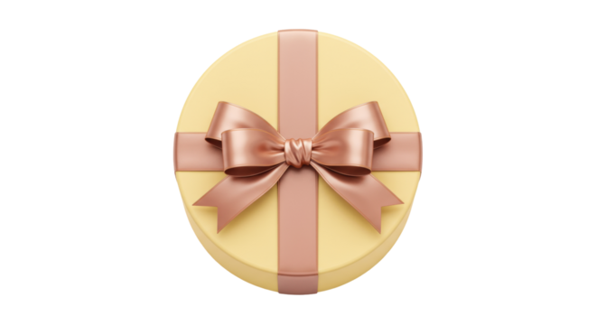 Oval yellow gift box with pink ribbon and bow isolated, present for birthday or special occasion PNG