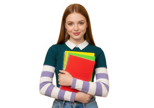 Smiling student girl holding books isolated on transparent background - Powered by Adobe