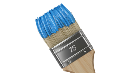 Close up of angled paintbrush loaded with bright blue paint