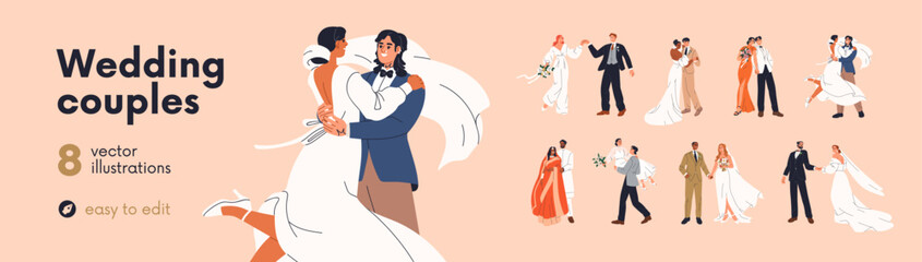 Happy bride and groom on wedding day set. Marriage ceremony of romantic man bridegroom in suit and woman in dress. Just married love couples, newlyweds. Isolated flat graphic vector illustrations