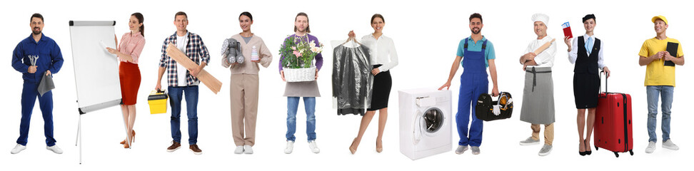 Choosing profession. People of different occupations on white background, collage of portraits