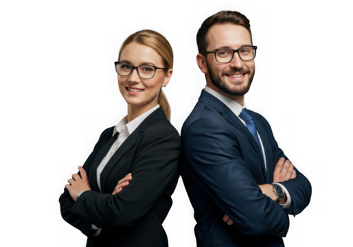Confident business team posing back to back isolated on transparent background