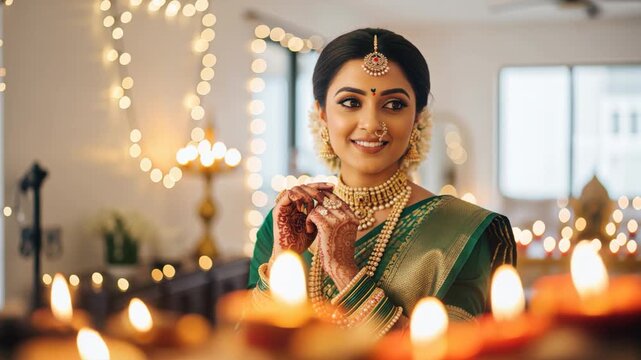 Young beautiful indian woman wearing traditional attire and gold jewelery on diwali festival 
