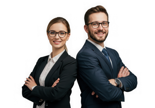 Confident business team posing back to back isolated on transparent background