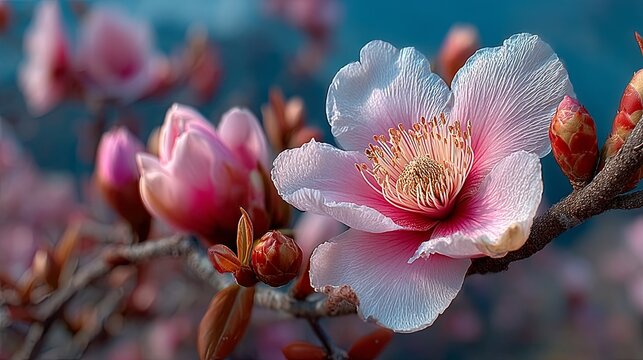 Close-Up of Blooming Pink Flowers and Buds on Branch with Soft Teal-Pink Background - Powered by Adobe