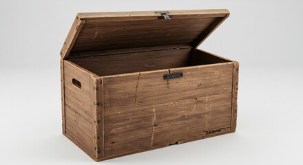 開いた木製の箱が置かれていて、アンティークな茶色の色合いを見せる