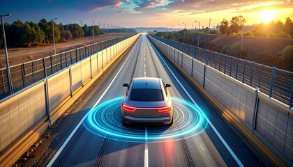 A sleek, self-driving car navigates an open road at sunrise, representing future technology 
