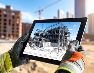 A person examining a building blueprint using a tablet
