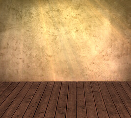 Empty wooden floor and beige grey textured wall. Space for design