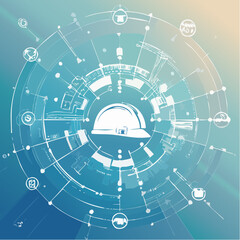 An abstract illustration of engineering and architecture, with a focus on design elements and blueprint symbols, all interconnected. A hard hat at the core, illustrating safety and construction
