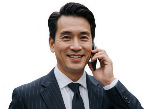 Asian businessman talking on the phone isolated on transparent background