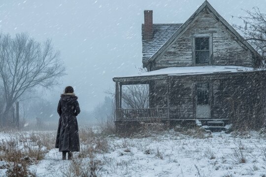A lone figure stands in a snowy field, gazing at a decaying abandoned farmhouse amidst a winter blizzard, evoking solitude and mystery.