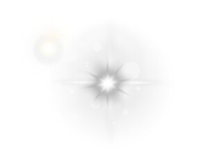 Multi-layered vector light overlay with large bokeh bloom and intense chromatic star lens flare. Cinematic glare effect for 3D rendering and digital photo composition