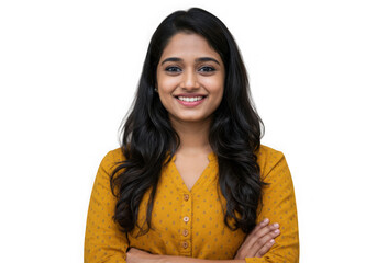 Beautiful smiling young woman with long hair isolated on transparent background