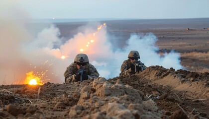 Obraz premium Two fictional soldiers taking cover behind low berm as distant tracers arc in haze restrained contrast unmarked gear tactical teamwork security and defense concept