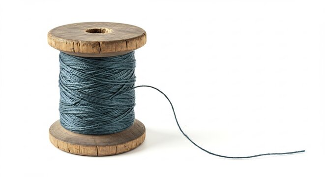 糸巻き木製と青い糸が巻かれて、背景は白くてシンプルです