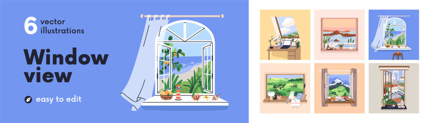 Fototapeta na wymiar Look out from open windows set. Views from cozy homes. Beautiful nature and city landscapes, countryside, field, sea beach and mountain outside, windowsills, tables inside. Flat vector illustrations