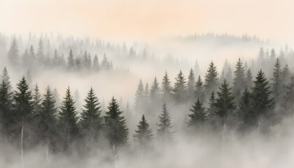 Fototapeta premium Misty Forest Landscape with Tall Evergreen Trees and Soft Fog in Natural Setting
