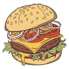 Delicious Cheeseburger with Fresh Ingredients – Realistic Food Photography on Transparent Background.