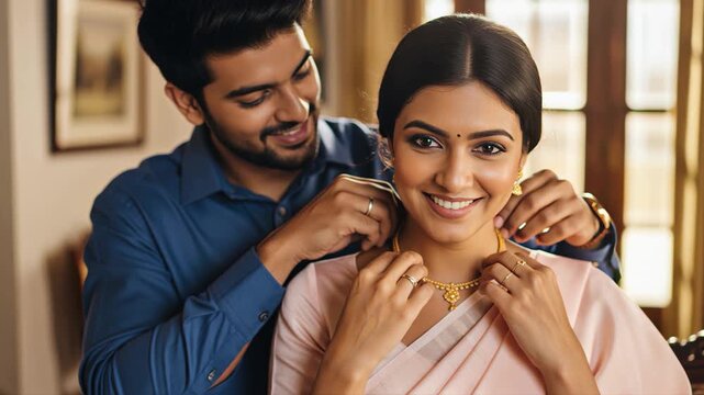 indian man wearing necklace to wife