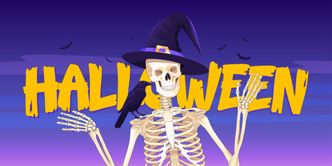 Funny Halloween poster with a skeleton in a hat and crows