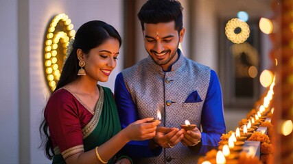 Happy indian couple celebrating diwali festival together at home  - Powered by Adobe