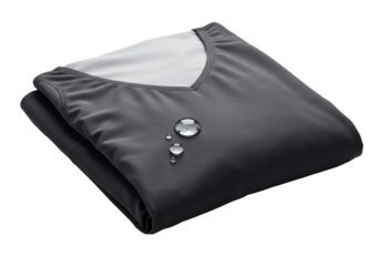 A folded women's high-performance swimsuit with a V-taper back, sleek quick-drying fabric, and a crystalline water droplet on a seamless transparent background, product quality design concept