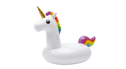 Inflatable unicorn pool float isolated on transparent background, summer fun and party decoration PNG