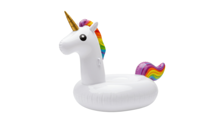 Inflatable unicorn pool float isolated on transparent background, summer fun and party decoration PNG