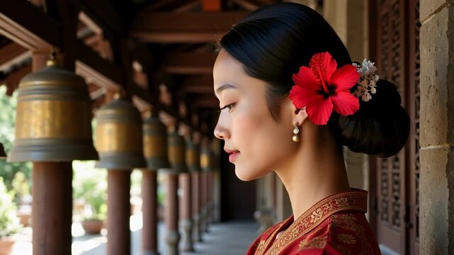 Elegant Burmese woman with hibiscus, soft temple bells, capturing Southeast Asian culture and serenity in stunning 4K video footage