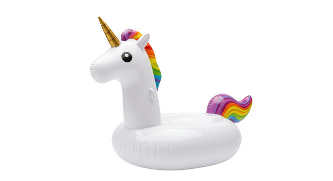 Inflatable unicorn pool float isolated on transparent background, summer fun and party decoration PNG