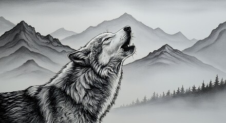 Wolf howling against a mountainous backdrop monochrome artwork representing wildlife animal behavior in nature