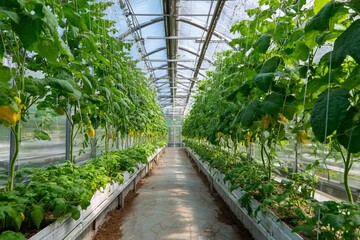 Fototapeta premium Greenhouse with rows of green plants growing in controlled environment