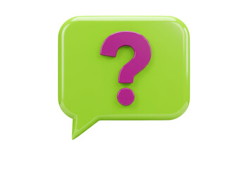 Green speech bubble with purple question mark isolated PNG, 3D rendering for communication and problem solving concepts