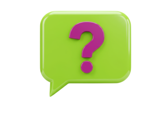 Green speech bubble with purple question mark isolated PNG, 3D rendering for communication and problem solving concepts
