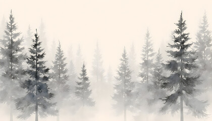 Obraz premium Misty Forest of Tall Evergreen Trees in Soft Gray and White Tones