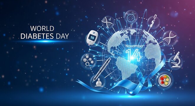 World Diabetes Day illustration featuring a globe with medical symbols, a blue ribbon, and the number 14.