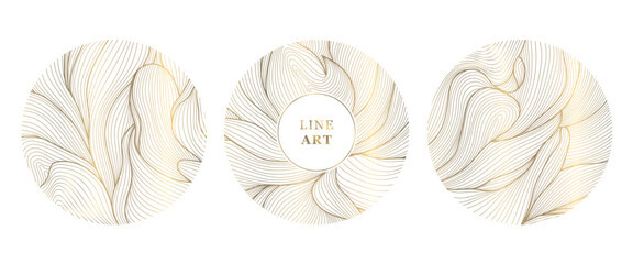 Elegant floral vector emblem, golden lines, circular ornaments, organic leaf patterns, Japanese design. Spa logos, cosmetic labels, wedding monograms, luxury nature icons