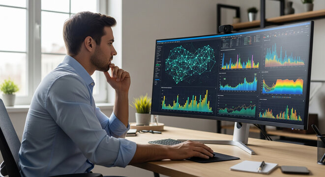  A male professional (30s) intently focused on a large monitor displaying complex, colorful data visualizations and charts. His expression is thoughtful and analytical in a modern workspace.