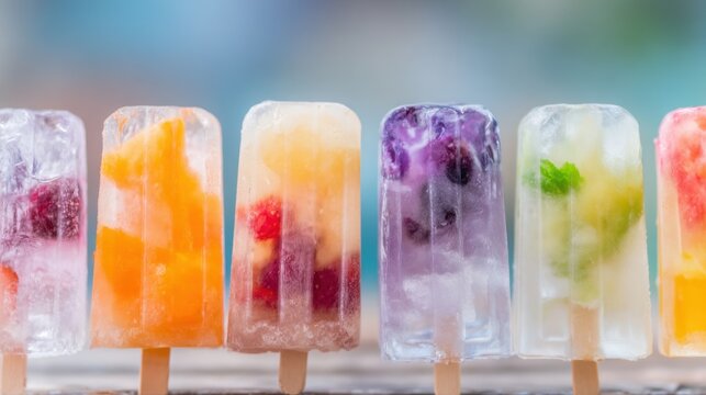Colorful frozen fruit popsicles lined up on a sunny day at the beach - Powered by Adobe