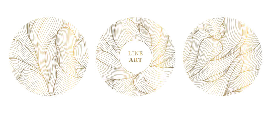 Elegant floral vector emblem, golden lines, circular ornaments, organic leaf patterns, Japanese design. Spa logos, cosmetic labels, wedding monograms, luxury nature icons