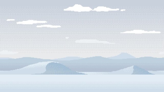 Seamless looping animation of a frozen pixel art landscape with snowy hills, icy mountains and moving clouds. Retro 8-bit style parallax background for arcade games, fantasy environments and digital a