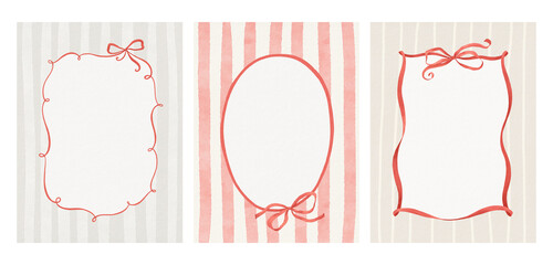 Watercolor set of whimsy frames with ribbons and red bows on delicate simple backgrounds. Collection prints for your text, photo or design card. Hand drawn illustration.