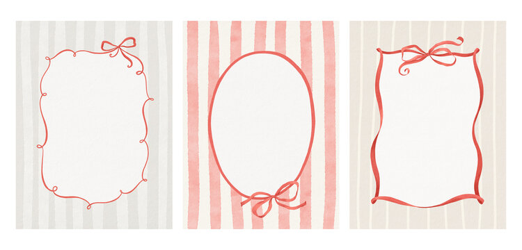 Watercolor set of whimsy frames with ribbons and red bows on delicate simple backgrounds. Collection prints for your text, photo or design card. Hand drawn illustration.
