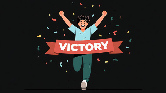 Man celebrates victory reaching the finish line with confetti celebration