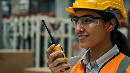 Female worker in safety gear using a walkie-talkie in a warehouse.