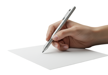 Refined adult hand elegantly holding a modern silver digital stylus with a finely tapered tip, poised above transparent paper on a seamless transparent background, concept of precise digital