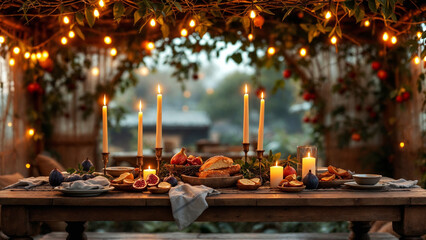 Obraz premium Warmly lit festive table setting with candles, fruits, and bread, celebrating the jewish holiday of sukkot in a decorated sukkah